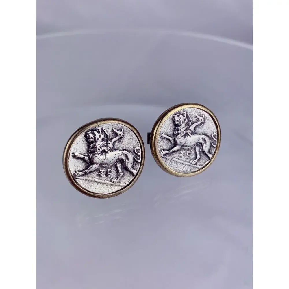 Chimera Stater Style Coin Sterling Silver Cufflinks 18k GP Bezel MMA Vintage O1